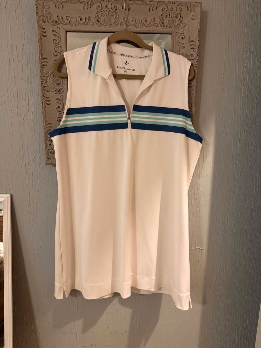 Tuckernuck Sleeveless Polo Tank - White with Blue and Teal Stripes